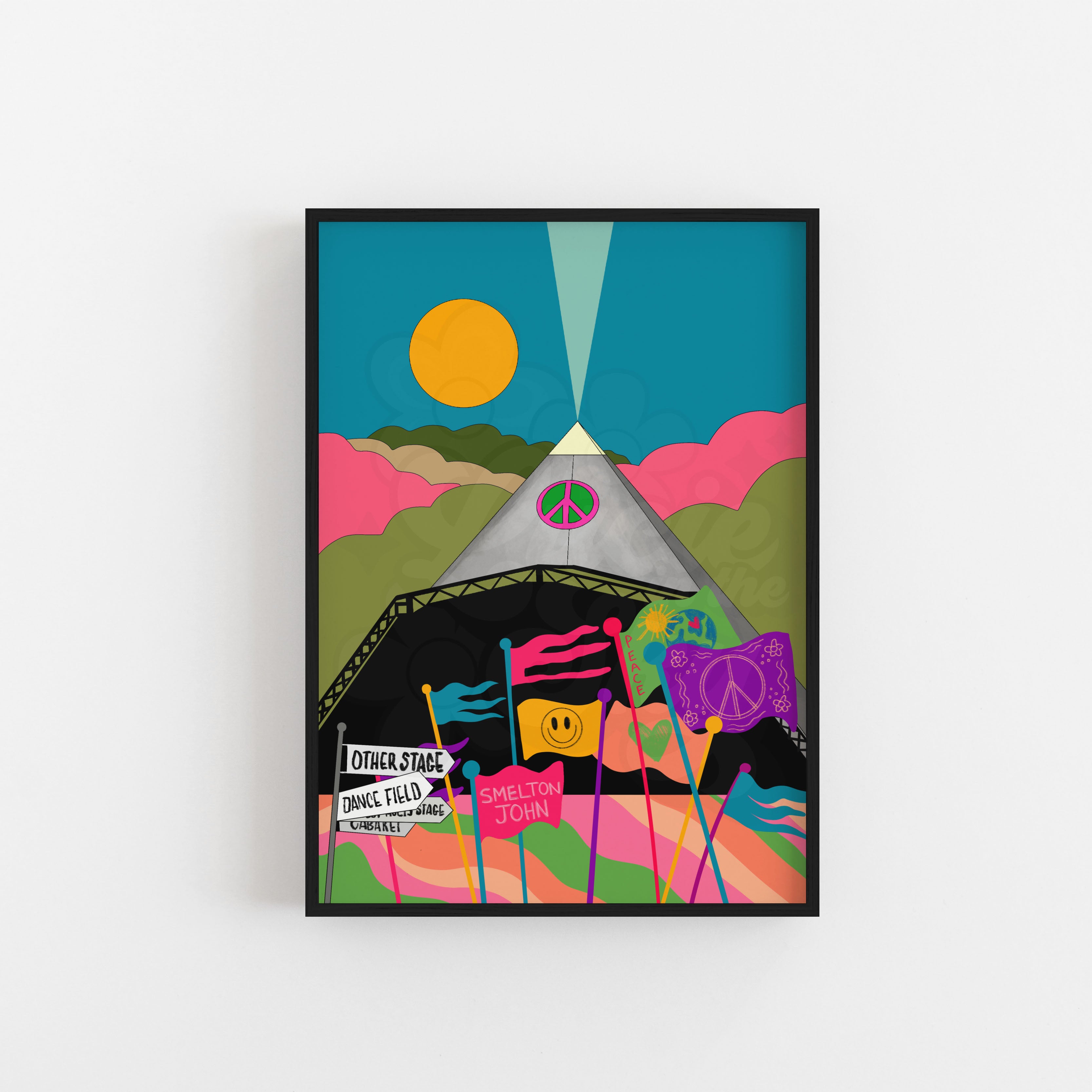 The Pyramid Stage Glastonbury Art Print featuring the iconic stage, flags and magnetic energy of Worthy Farm.