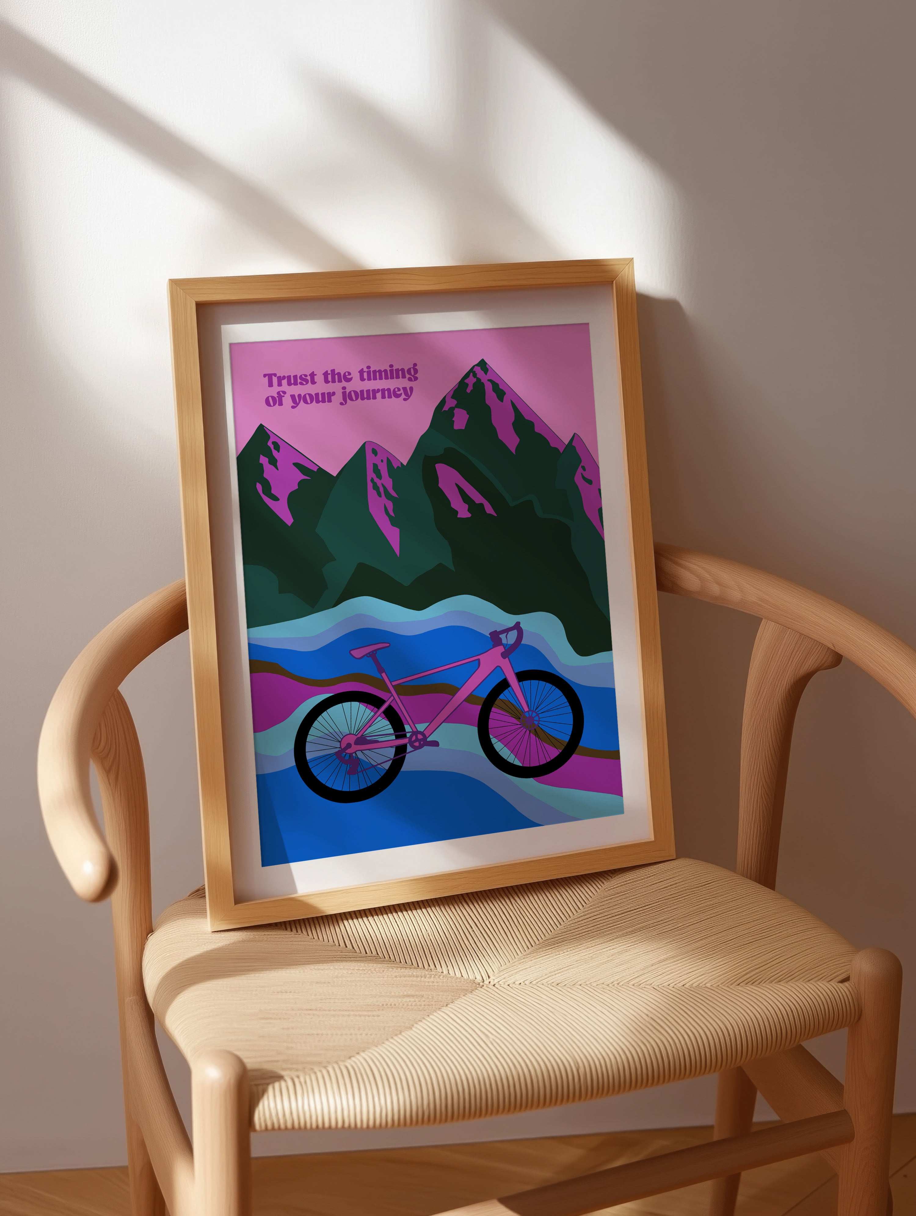 "Trust The Timing Of Your Journey" Bike Ride Through The Mountains Print with quote