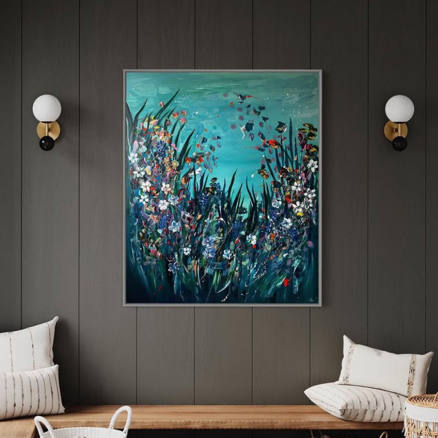 A large canvas painting of an under the sea scene
