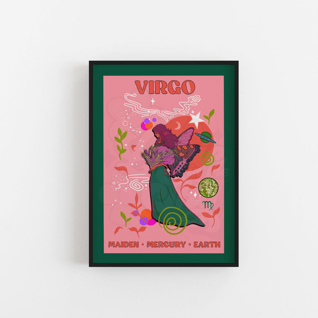 A framed art print featuring a colorful Virgo zodiac illustration with a pink background, green border, and a central figure in a green dress, shown hanging on a white wall.