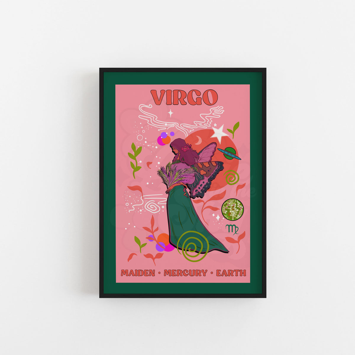 A framed art print featuring a colorful Virgo zodiac illustration with a pink background, green border, and a central figure in a green dress, shown hanging on a white wall.