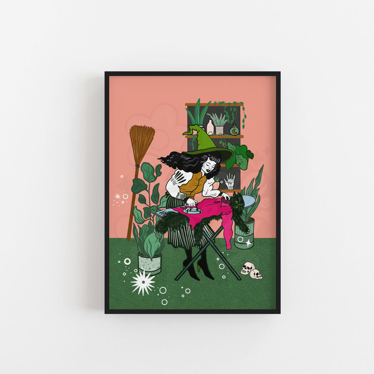 Colourful witch ironing her cat illustration art print, featuring playful magical details, house plants and quirky retro-inspired artwork.