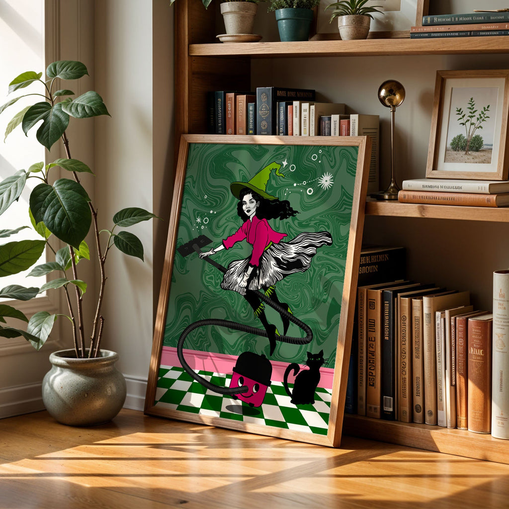 A illustration of a Witch riding a Henry hoover with a black cat