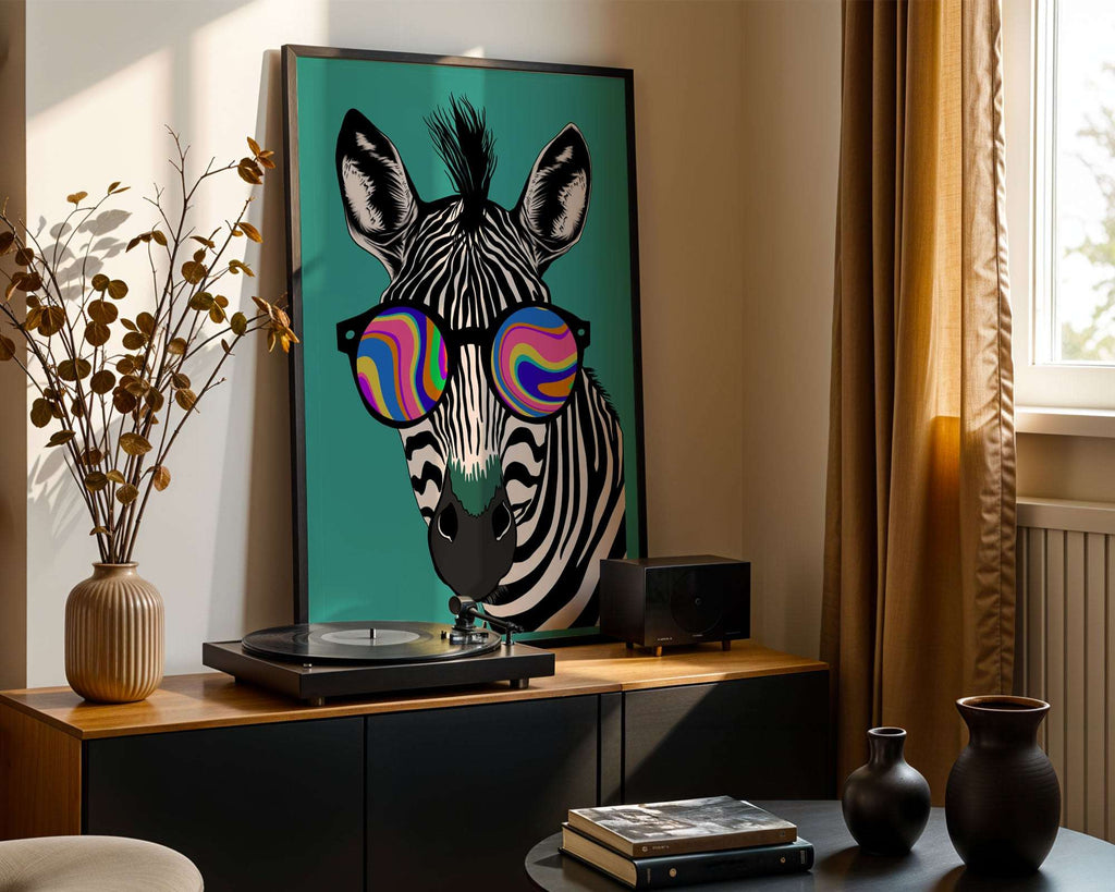 Quirky zebra illustration with glasses featuring colourful psychedelic swirls
