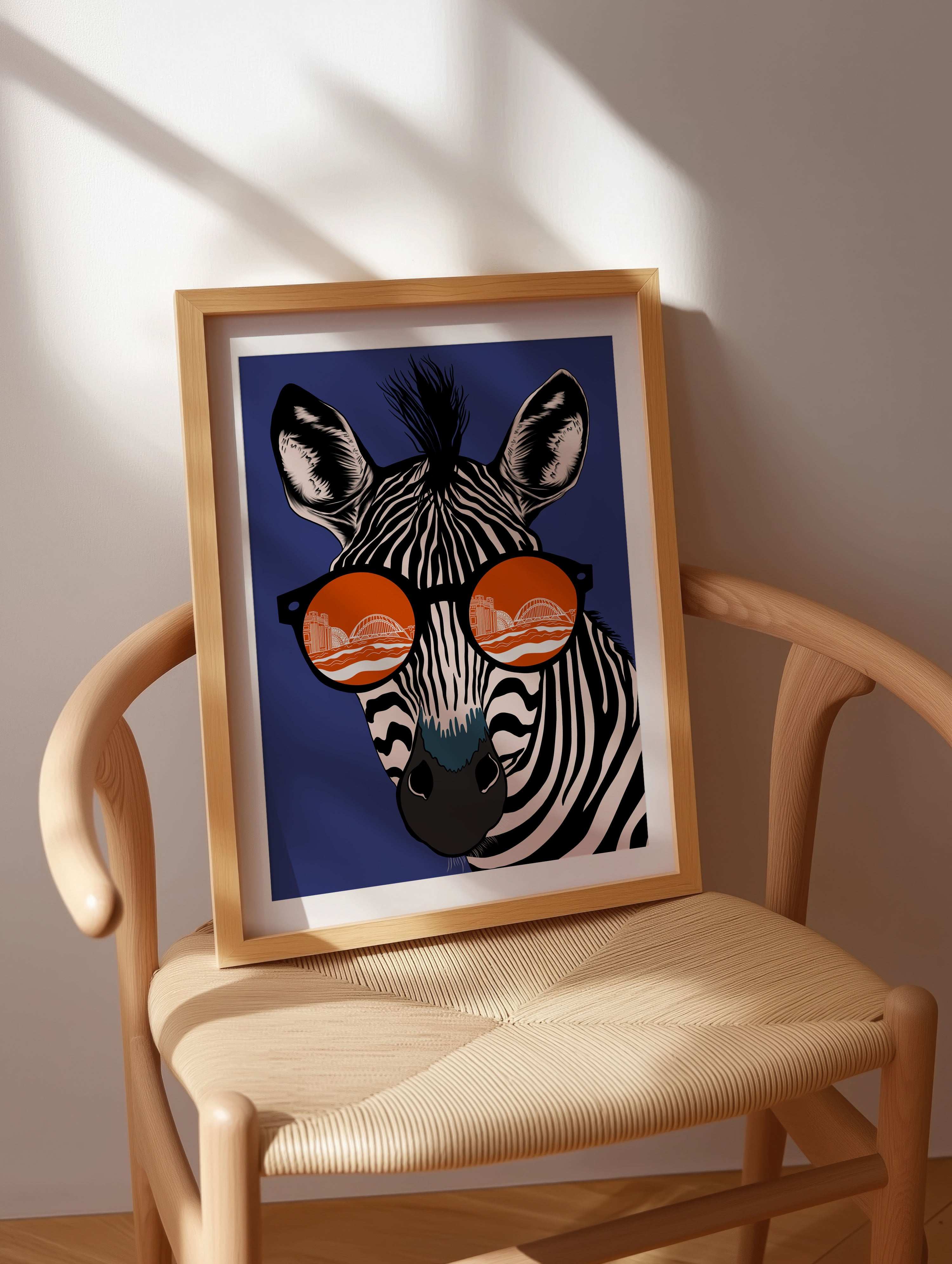 Geordie Zebra with Newcastle River Tyne in the reflection of its glasses art print. Blue and orange version frame sitting on a chair. Art print for home decor. 