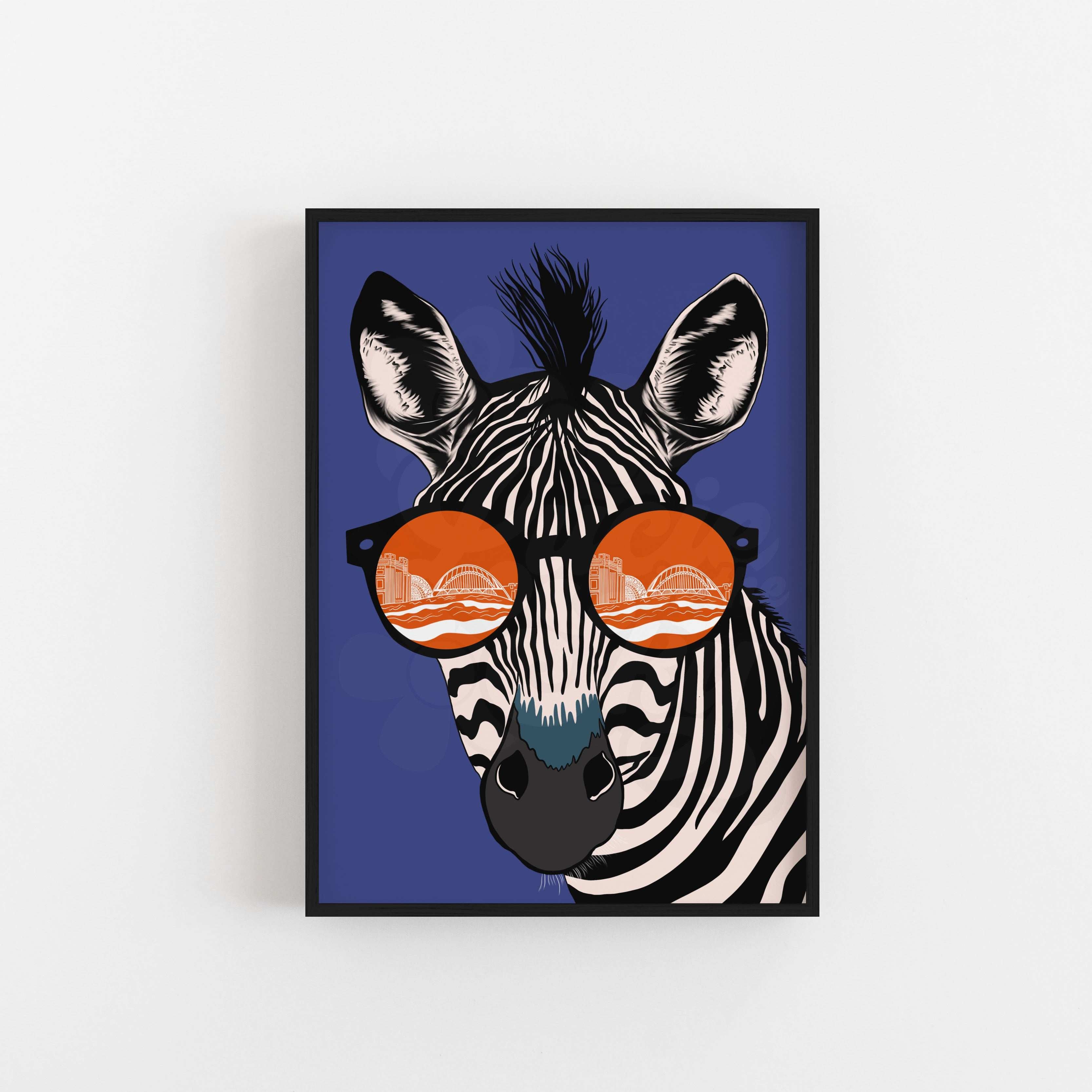 Toon Zebra Illustration Featuring Newcastle River Tyne Art Print in blue and orange colour.